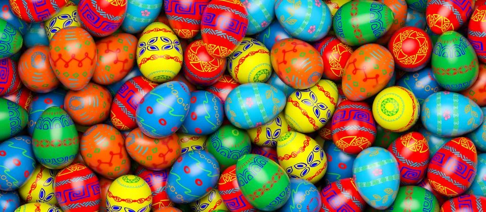 Background from multi-colored Easter eggs. 3D rendering illustration. Stock Illustration