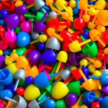 Background with multicolored random sized plastic mosaic pins Foto stock