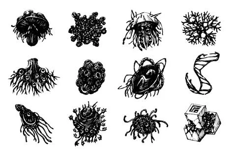 Background mysterious organisms and microbiological creature doodles Stock Illustration