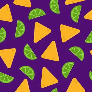 Background with nacho, slice of lime on purple- seamless pattern. Mexican snack Illustrazione stock
