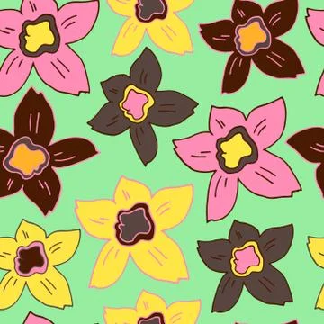 Background with narcissus, retro style, easter flower, seamless pattern. 스톡 일러스트