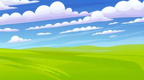 Background Nature landscape with cloudy sky, hills and grass on foreground Stock Illustration