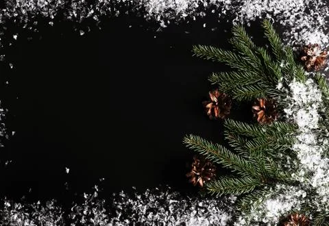 Background for new year greetings - tree branches, cones and snow Stock Photos