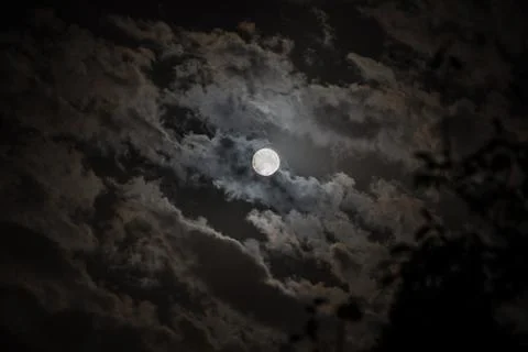 Background with night cloudy sky and full moon. Halloween Spooky night. Stock Photos