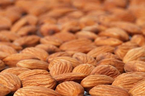 Background from the nuts of almonds, selective focus. Stock Photos