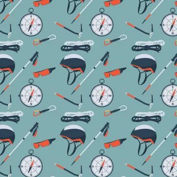 Background with objects for mountaineering. Seamless pattern. Stock Illustration