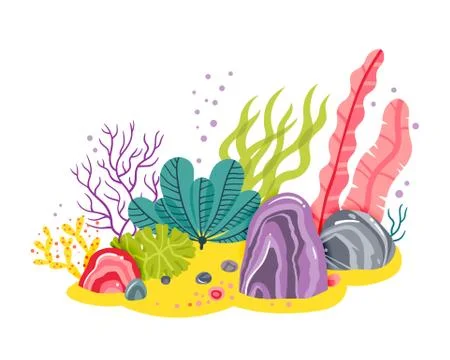 Background with ocean bottom, corals reefs, seaweed. Vector abstract Illustrazione stock