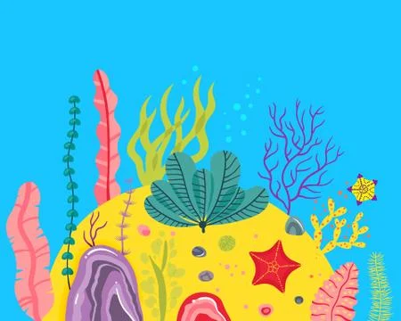 Background with ocean bottom, corals reefs, seaweed. Vector abstract Stock Illustration