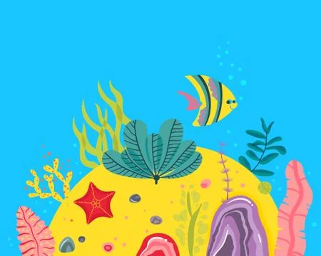 Background with ocean bottom, corals reefs, seaweed. Vector abstract Stock Illustration