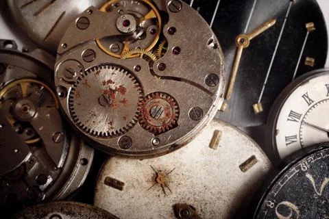 Background from old mechanical clocks Stock Photos