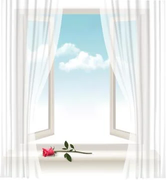 Background with an open window and a red flower. vector. Stock Illustration