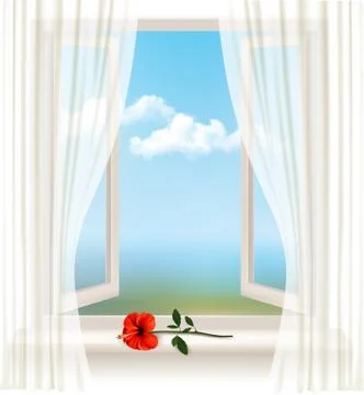 Background with an open window and a red flower. vector. Stock Illustration
