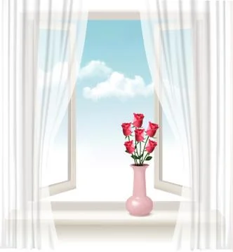 Background with an open window and a vase with roses. vector. Stock Illustration