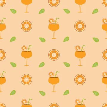 Background with orange cocktail and orange slices with leaf on an orange back Stock Illustration