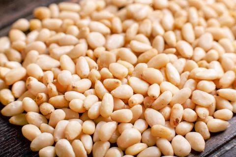 Background of Organic Pine nuts close up top view flat lay 스톡 사진