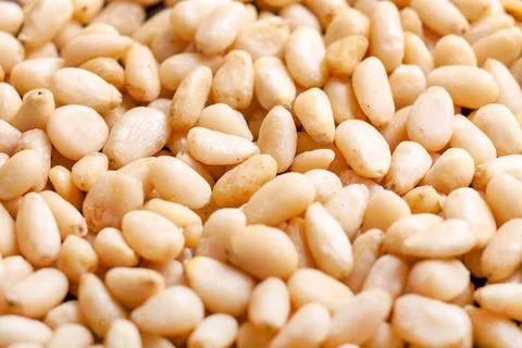 Background of Organic Pine nuts close up top view flat lay 스톡 사진