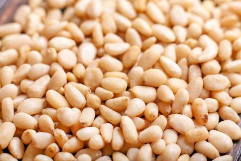 Background of Organic Pine nuts close up top view flat lay 스톡 사진