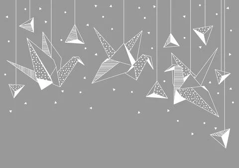 Background with origami cranes. Paper symbolic decorative objects. 스톡 일러스트
