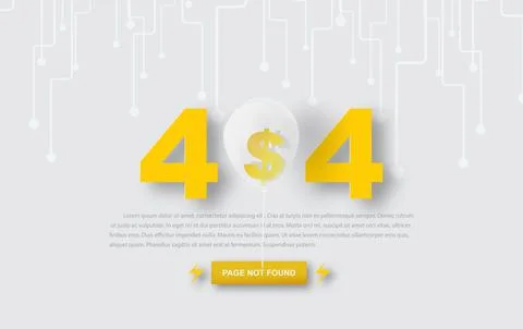 Background Page not found 404 design template. 404 error page dollar in ballo Illustrazione stock