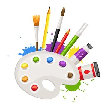 Background with painter tools and materials. Art supplies for creativity. Stock Illustration