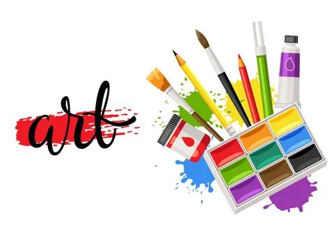 Background with painter tools and materials. Art supplies for creativity. 스톡 일러스트