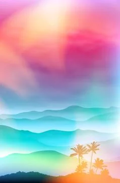 Background with palm tree and mountains in the fog Stock Illustration