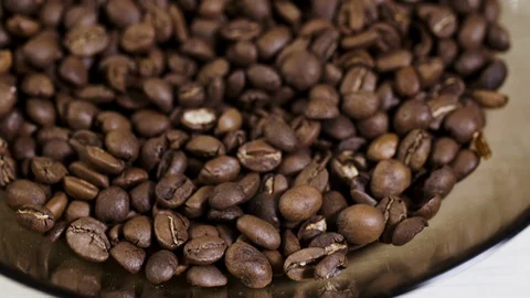 Background panorama coffee bean closeup in plate table field delicious arabica Stock Footage 113065748