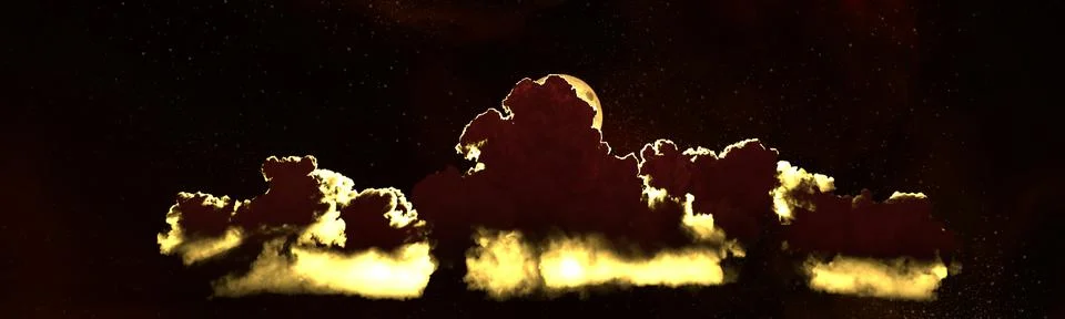 Background - panoramic big clouds and moon - digital nature 3D illustration Stockillustratie