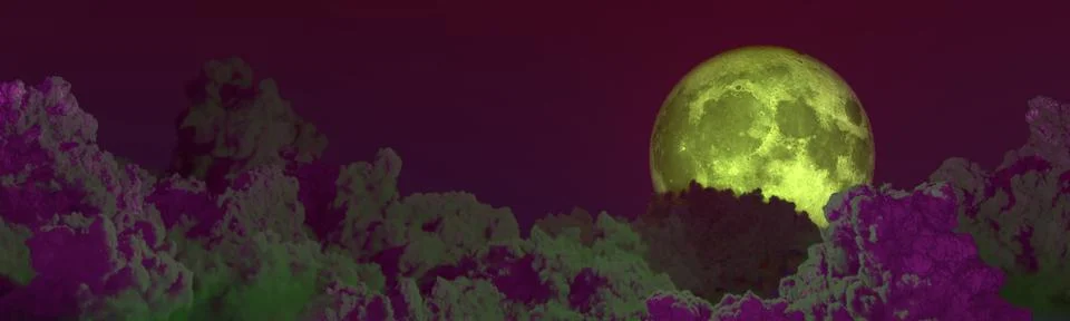 Background - panoramic big cumulus clouds and moon . cg Stock Illustration