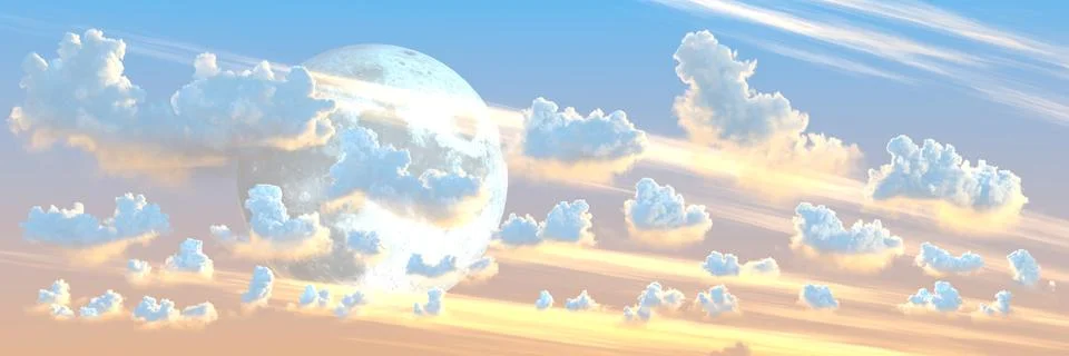 Background - panoramic huge cumulus clouds and moon Stock Illustration