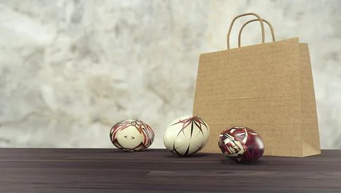 Background with a paper bag and colored eggs on the table. Stock Illustration