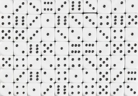 Background pattern of 70 white dices, random ordered Stock Photos