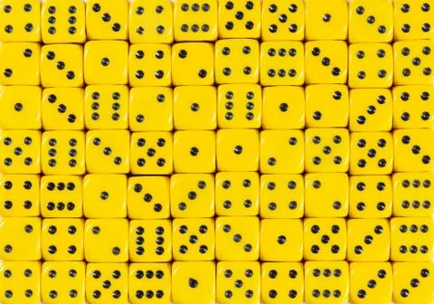 Background pattern of 70 yellow dices, random ordered Stock Photos