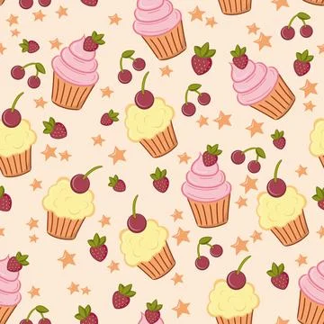 Background pattern with cupcakes, cherries and strawberries. Stock Illustration
