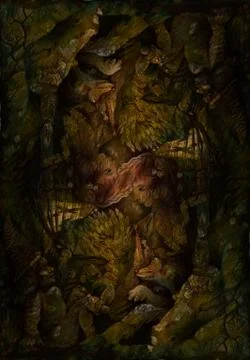 Background pattern with dwarves, animals and forest elemental motives, drawing Stock Illustration