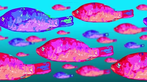 The background pattern of fish is pink and purple on a gradient blue background  Video stock 234536402
