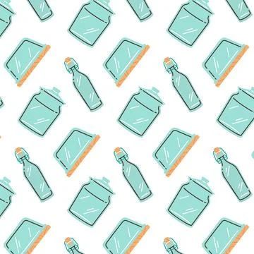 Background pattern of glassware, a container with a wooden lid, a bottle wi.. 스톡 일러스트