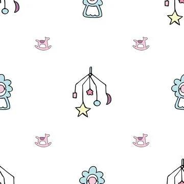 Background pattern with kids toys, mechanical musical toy and horse, rattle. Stock Illustration