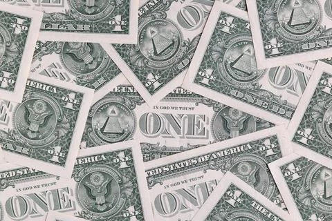 Background Pattern of Scattered One US Dollar Bills Showing Reverse Side Sy.. Foto stock