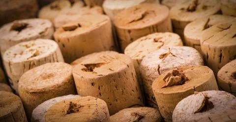 Background pattern of wine bottles corks. Close up Stock Photos
