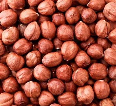 Background of peeled hazelnuts. The view from top Stock Photos