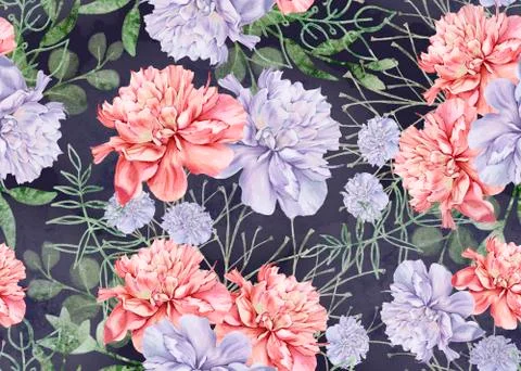 Background of peony flowers. Seamless pattern. Watercolor illustration Stock Illustration