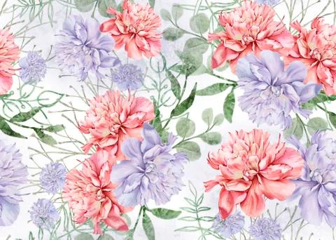 Background of peony flowers. Seamless pattern. Watercolor illustration Stock Illustration