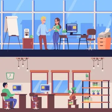 Background with people working in office interior flat vector illustration. 库存插图