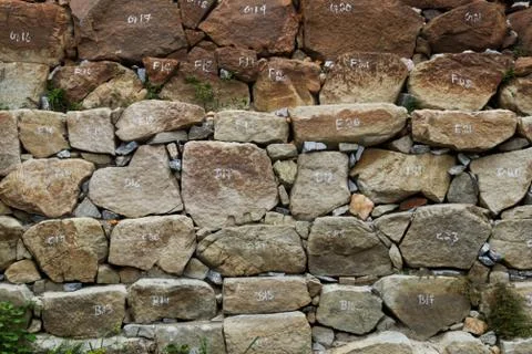 Background pf wall pattern of stone wall of the historical castle Stock Photos
