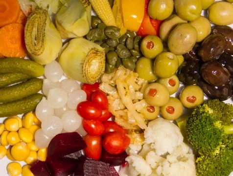 Background pickles of assorted vegetables seen from above Stock Photos