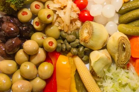 Background pickles of assorted vegetables seen from above Stock Photos