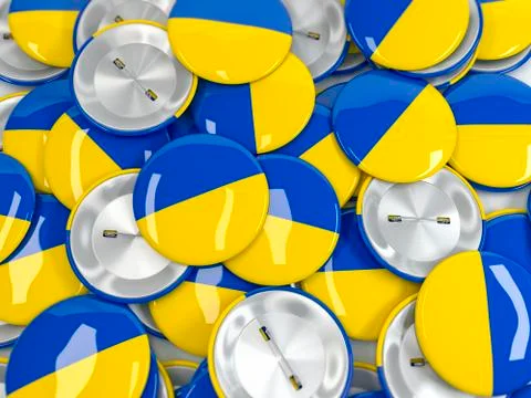 Background with pile of button badges with flag of Ukraine. 3d render Stockillustratie