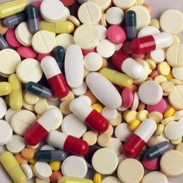 Background of pills, close-up. Stock Photos