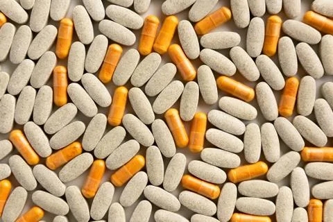 Background from pills. Flat lay. Foto stock